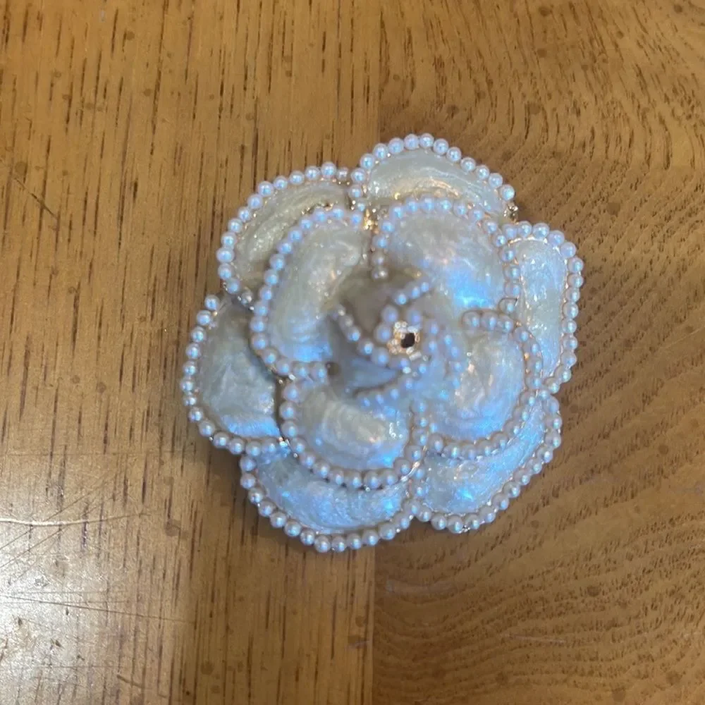 Pearl Camellia Flower Brooch Pin Ivory White Couture Style